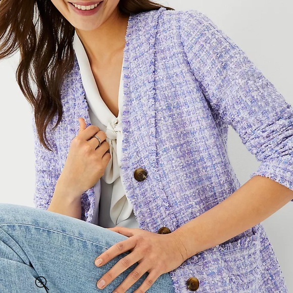 Ann Taylor Blazer Lavender Fringe Tweed Cardigan Jacket Sz 16 EUC Purple Plaid - Picture 2 of 13
